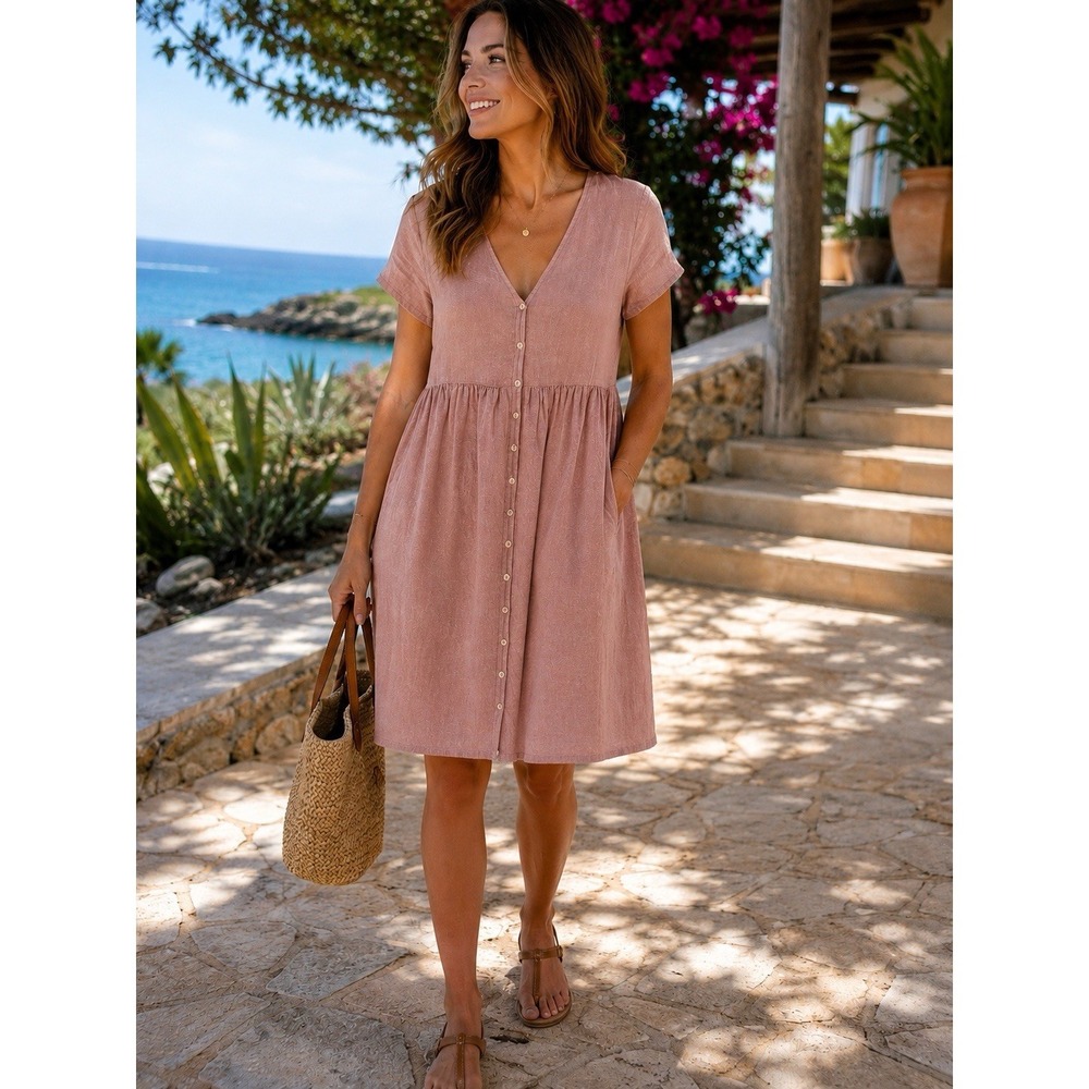 Madewell Linen Blend Button Front Babydoll S Midi Dress Dusty Pink ZZ33